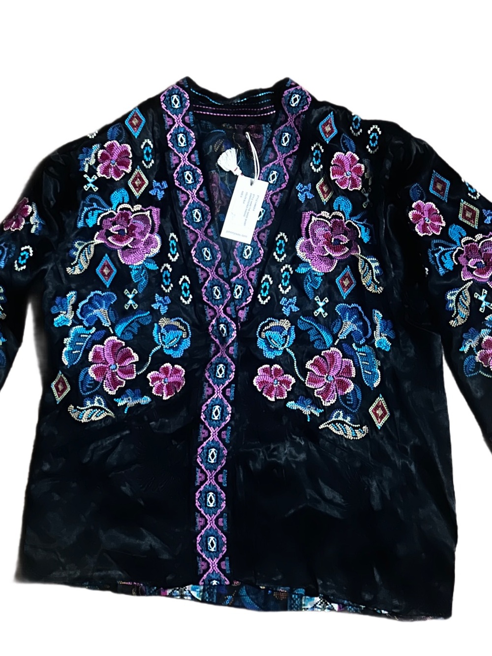 Johnny Was ~ Small ~ Black W/Multi-Colors Embroidery Floral ~ Kimono Jacket ~New